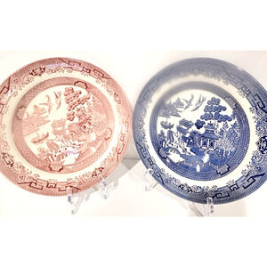 Vintage Churchill Blue Willow & Rosa Pink Willow Dinner Plates 10 3/8" EUC